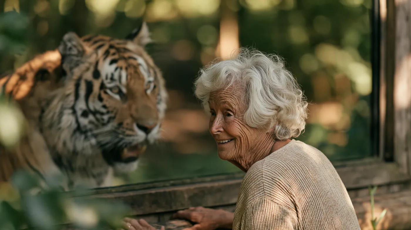 Des visiteurs seniors observent un tigre depuis un point de vue aménagé du Parc.