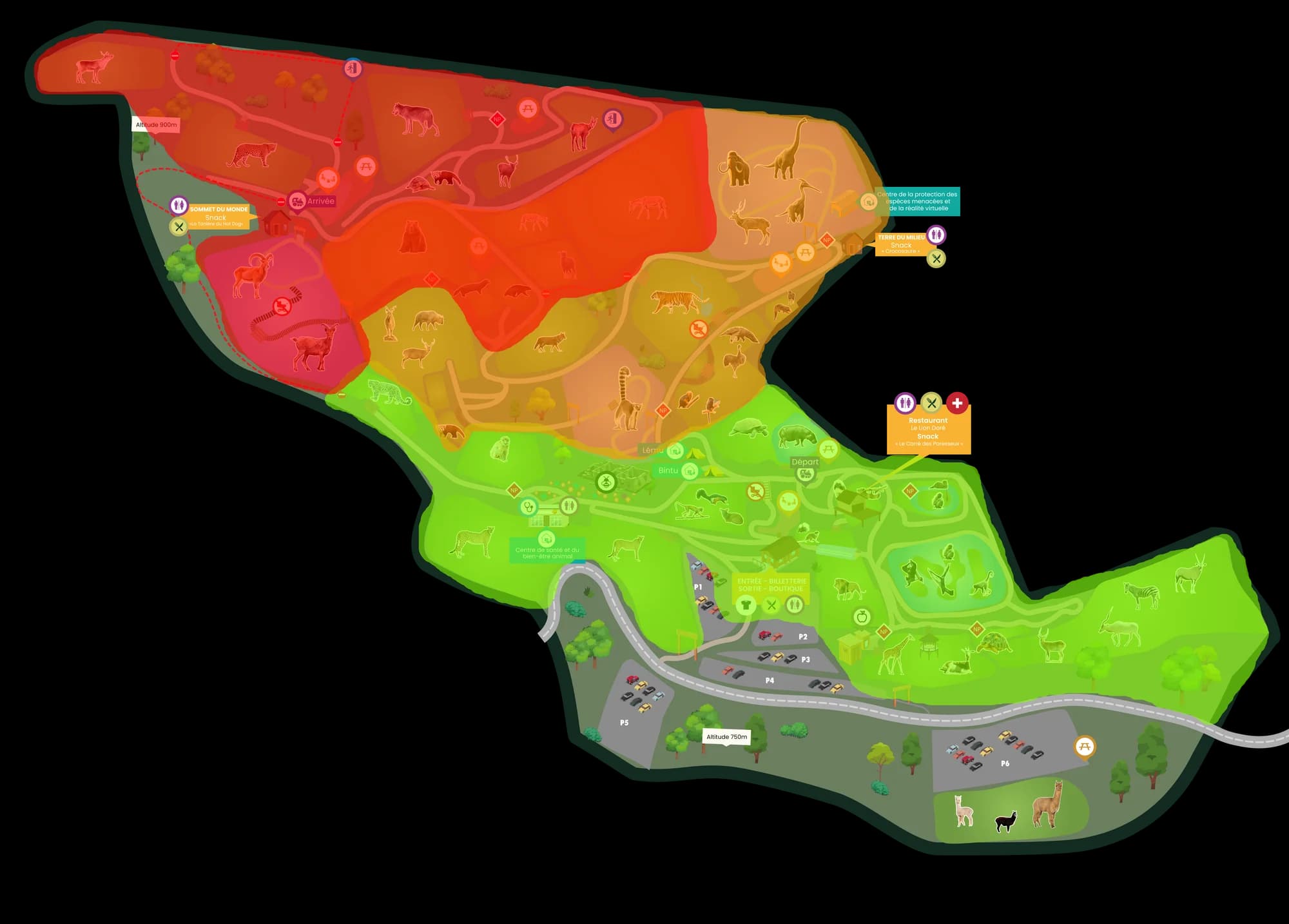 Plan du Parc découpé en trois zones de couleur : la zone verte autour de l’entrée, la zone orange au centre, la zone rouge jusqu’au Sommet du Monde à 900 m.