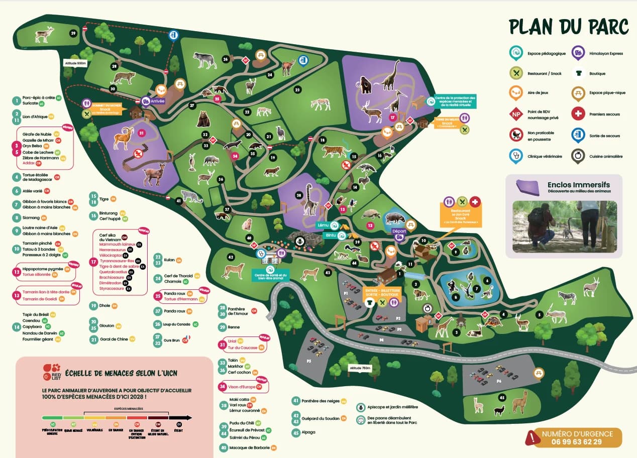 Plan d’orientation officiel du Parc Animalier d’Auvergne : les allées, les enclos numérotés, les services et la légende complète.